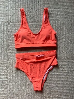 Women's High-Waist Scoop Neck Bikini Set in Coral
